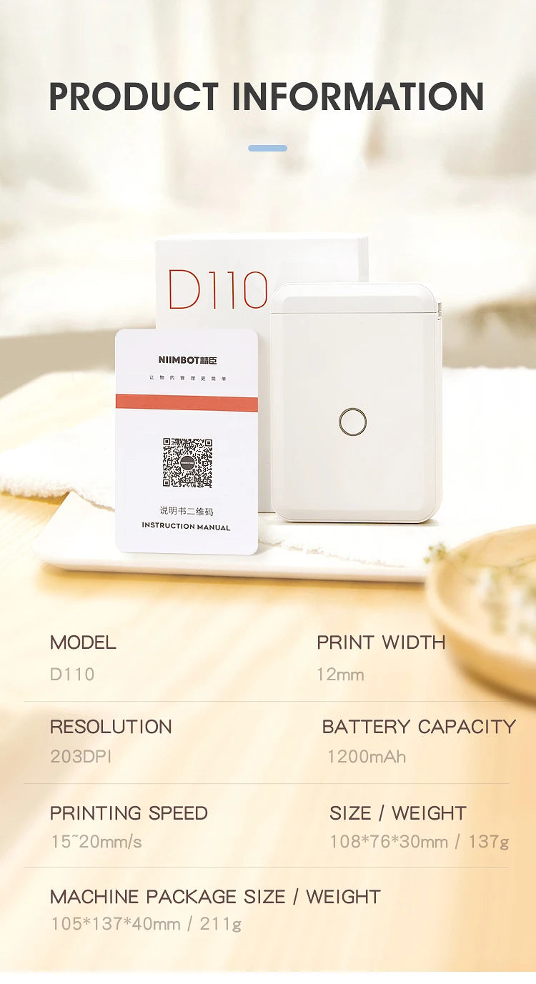 Niimbot D110 Mini Portable Thermal Label Printer - Inkless, Self-Adhesive