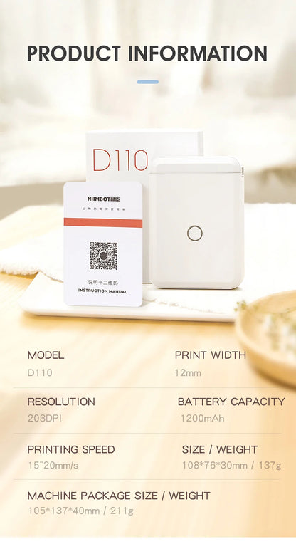 Niimbot D110 Mini Portable Thermal Label Printer - Inkless, Self-Adhesive